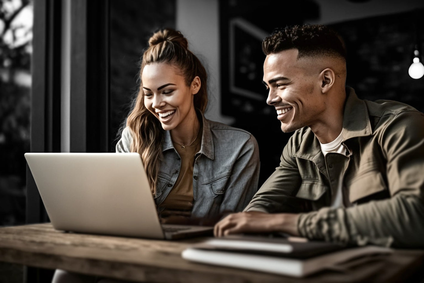 male and female small business owners sitting in front of a laptop and growing their business online