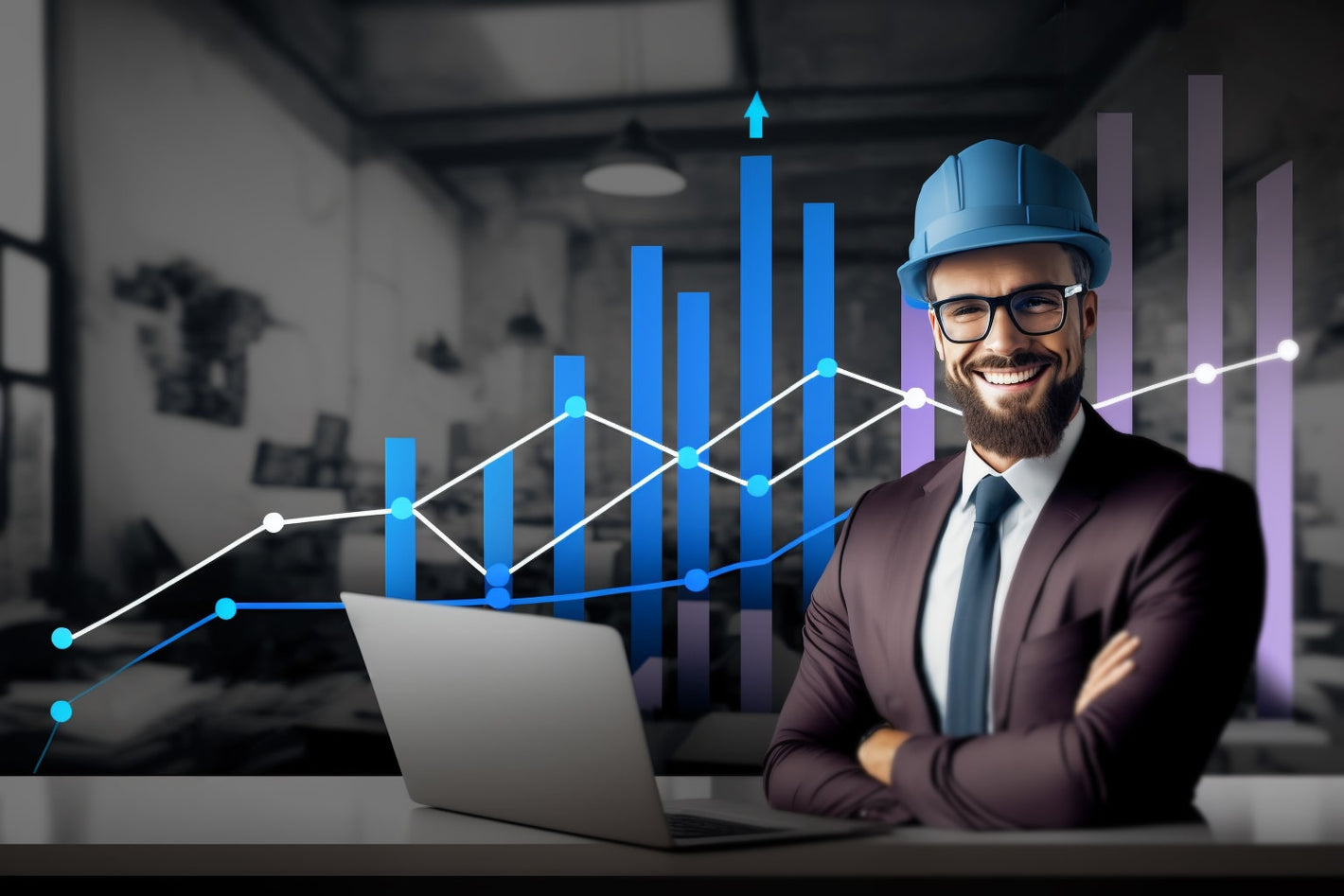 business owner sitting in front of a laptop with rising bar graph behind him